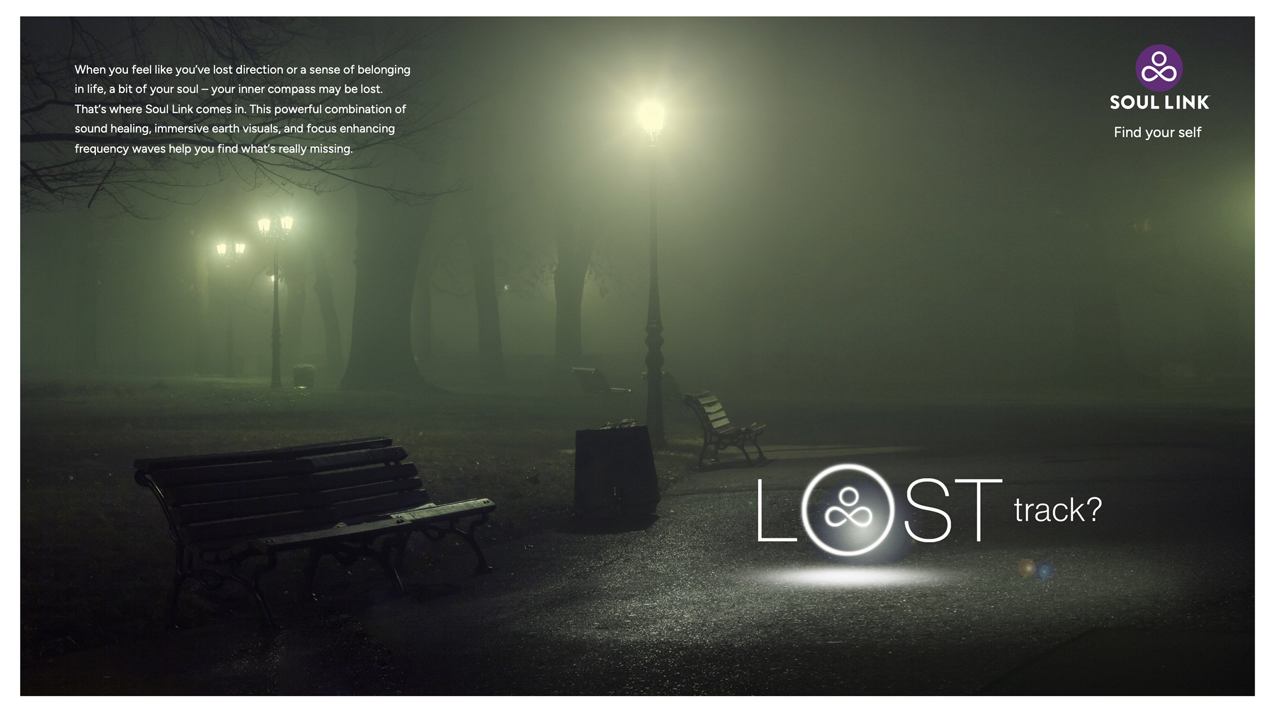 A foggy park at night with empty benches and glowing street lamps, featuring text promoting Soul Link, a sound healing service, with the phrase 'LOST track?'